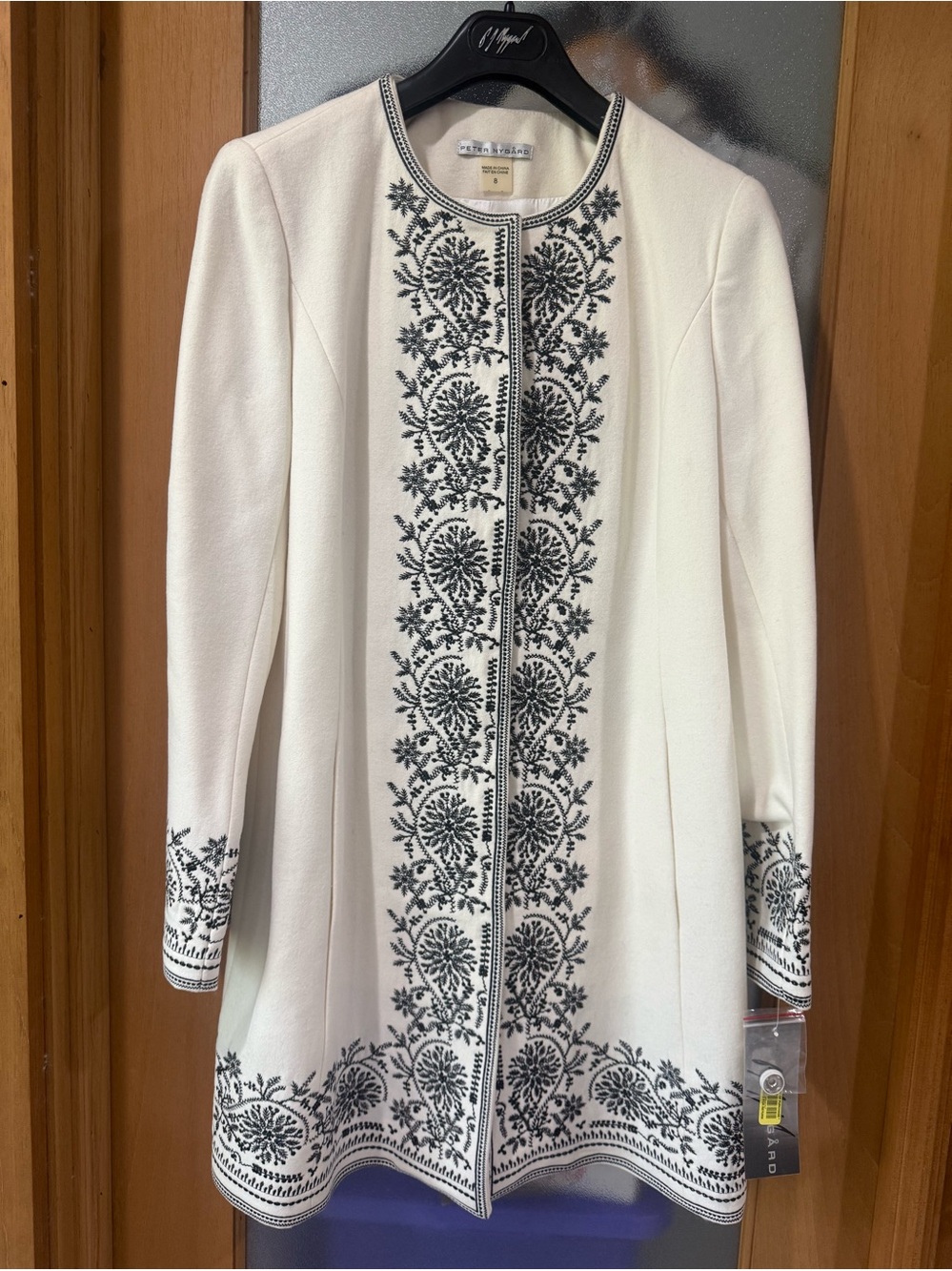 Peter Nygard - Ivory / Cream / Off White  Long Coat Dress  Black Trim - Size 8